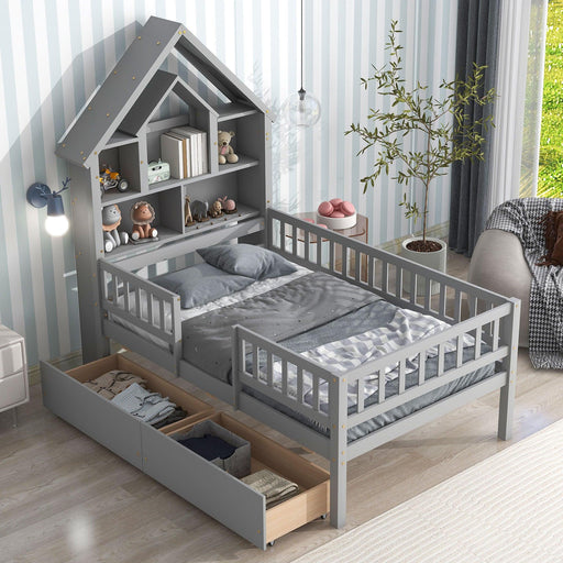 Twin Size House-Shaped Headboard Bed with Fence Guardrails and Drawers ,Gray image