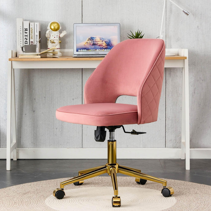 Modern Home Velvet Office Chairs, Adjustable 360 °Swivel Chair Engineering Plastic Armless Swivel Computer Chair With Wheels for Living Room, Bed Room Office Hotel Dining Room .Pink image