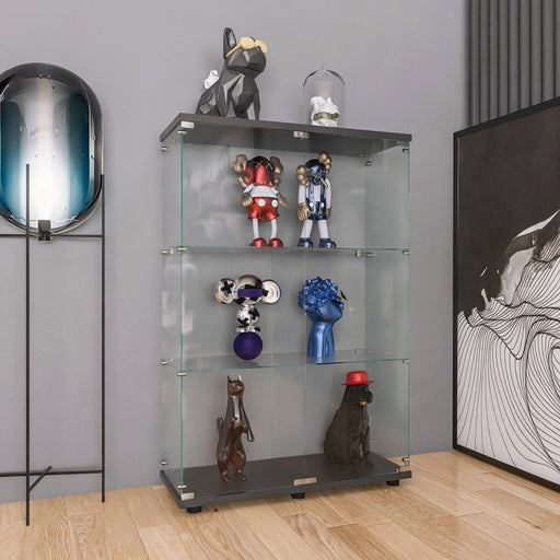 Two-door Glass Display Cabinet 3 Shelves with Door, Floor Standing Curio Bookshelf for Living Room Bedroom Office, 49.49” x 31.77”x 14.37”, Black image