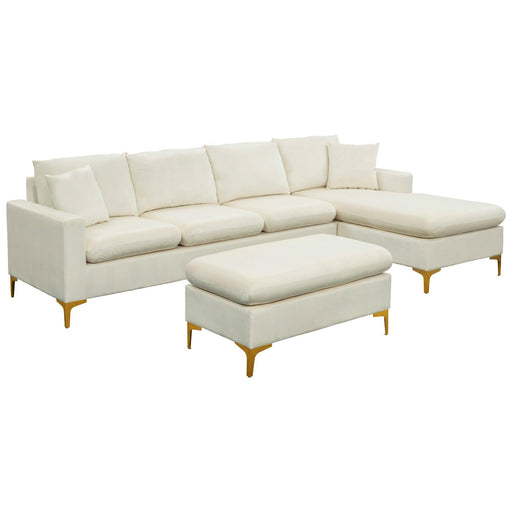 110.6" Sectional Sofa with Ottoman, L-Shape Elegant Velvet Upholstered Couch with 2 Pillows for Living Room Apartment,Cream White image