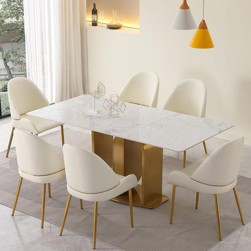 71" Contemporary Dining Table in Gold with Sintered Stone Top and  U shape Pedestal Base in Gold finish with 6 pcs Chairs . image