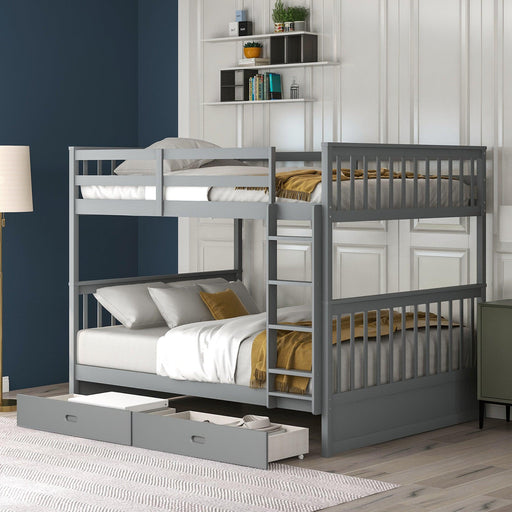 Full over Full Bunk Bed with Ladders and TwoStorage Drawers - Gray image