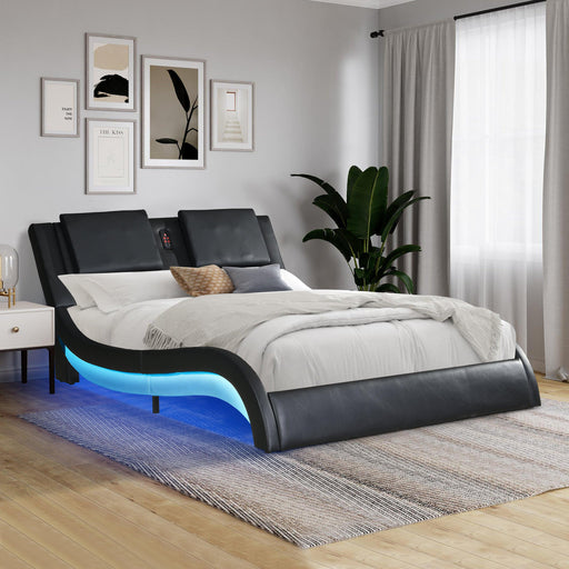 Faux Leather Upholstered Platform Bed Frame with led lighting ,Bluetooth connection to play music control，Backrest vibration massage，Curve Design, Wood Slat Support, No Box Spring Needed,King image
