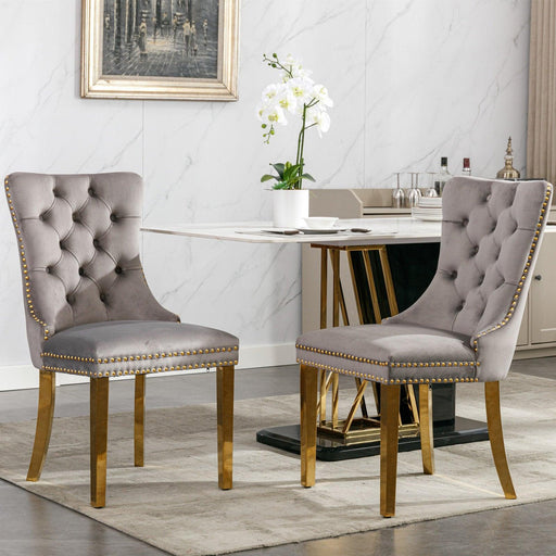 Nikki CollectionModern, High-end Tufted Solid Wood Contemporary Velvet Upholstered Dining Chair with Golden Stainless Steel Plating Legs,Nailhead Trim,Set of 2,Gray and Gold, SW1601GY image