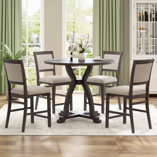 Farmhouse 5-Piece Round Dining Table Set with Trestle Legs and 4 Upholstered Dining Chairs for Small Place, Gray image