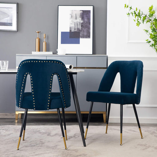 Akoya CollectionModern | Contemporary Velvet Upholstered Dining Chair with Nailheads and Gold Tipped Black Metal Legs,Blue,Set of 2 image
