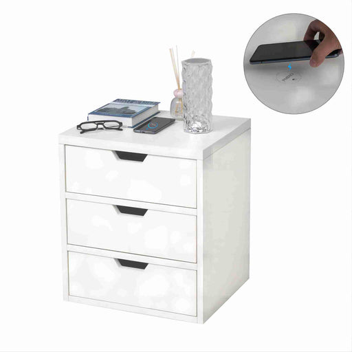 Bedside table with wireless charging station, bedside table with lockers andStorage drawers, bedside table sofa coffee table, white image