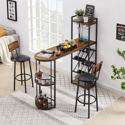 Bar table and stool set with 2 bar stools, with bottle holder, glass holder and side organizer, multifunctional high bar table with space for 8 bottles and 9 glasses. image