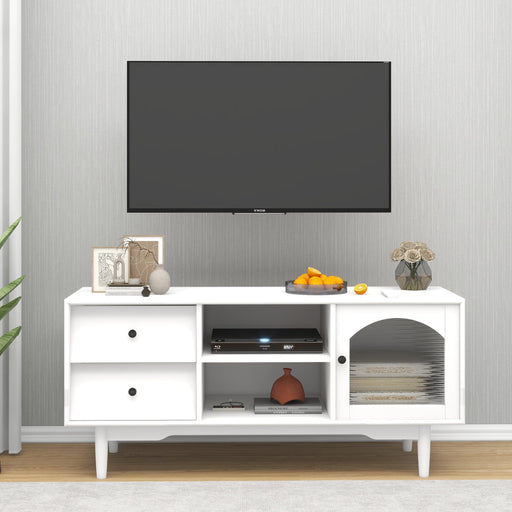 Living Room White TV Stand with Drawers and Open Shelves, A Cabinet with Glass Doors forStorage image