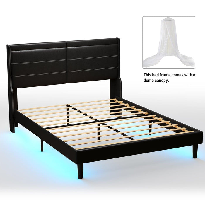 Stylish Queen Size PU Leather Upholstered Bed Frame Platform Bed with Lights Stitched Wing-backed Headboard Strong Wooden Slats Bed Canopy No Box Spring Needed Black image