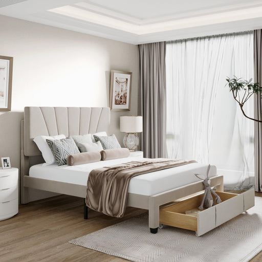 Queen SizeStorage Bed Velvet Upholstered Platform Bed with a Big Drawer - Beige image
