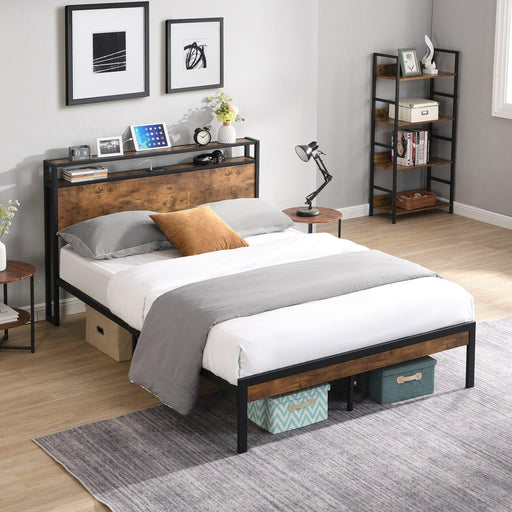 Full Size Metal Platform Bed Frame with Wooden Headboard and Footboard with USB LINER, No Box Spring Needed, Large Under BedStorage, Easy Assemble image