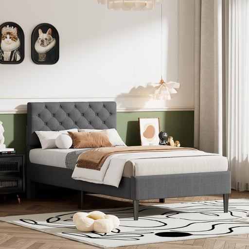 Upholstered Linen Platform Bed, Twin Size, Gray image