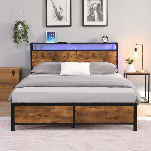 Industrial Full Bed Frame with LED Lights and 2 USB Ports, Bed Frame Full Size withStorage, Noise Free, No Box Spring Needed, Rustic Brown image