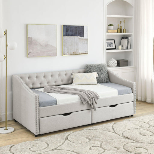 Twin Size Daybed with Drawers Upholstered Tufted Sofa Bed, with Button on Back and Copper Nail on Waved Shape Arms，Beige（81.5“x41”x30.5“） image