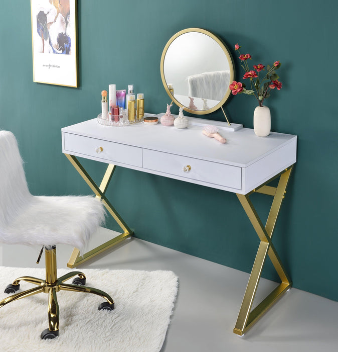 ACME Coleen Vanity Desk w/Mirror & Jewelry Tray in White & Gold Finish AC00667 image