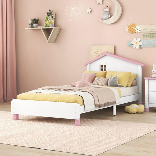 Twin Size Wood Platform Bed with House-shaped Headboard  (White+Pink) image