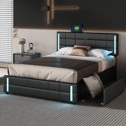 Queen Size Upholstered Platform Bed with LED Lights and USB Charging,Storage Bed with 4 Drawers, Black image