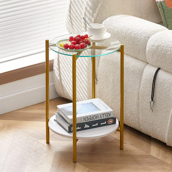 2-layer End Table with Tempered Glass and  Marble Tabletop, Round Coffee Table with Golden Metal Frame for Bedroom Living Room Office (1 piece) image