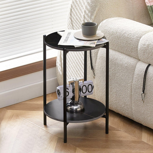 2-layer End Table with Whole  Marble Tabletop, Round Coffee Table with Black Metal Frame for Bedroom Living Room Office (black,1 piece) image
