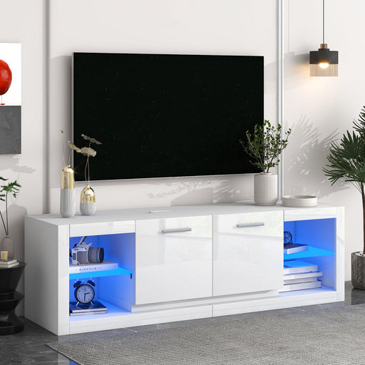Modern TV Stand with 2 Tempered Glass Shelves, High Gloss Entertainment Center for TVs Up to 70”, Elegant TV Cabinet with LED Color Changing Lights for Living Room, White image