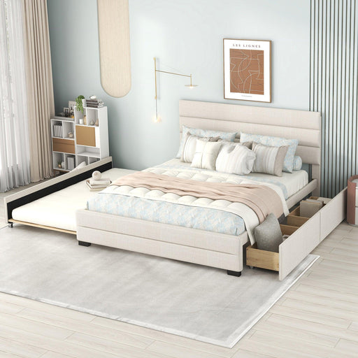 Queen Upholstered Platform Bed with Twin Size Trundle and Two Drawers, Beige image