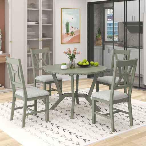 Mid-Century 5-Piece Dining Table Set, Round Table with Cross Legs, 4 Upholstered Chairs for Small Places, Kitchen, Studio, Green image