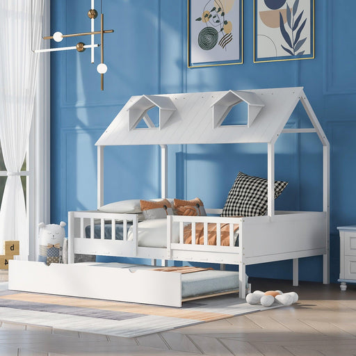 Full Size House Bed Wood Bed with  Twin Size Trundle ( White ) image