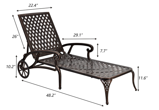 Cast Aluminum Outdoor Chaise Lounge Chair with Wheels, Tanning Chair with 3-Position Adjustable Backrest, Chaise Lounge Outdoor Reclining Chair Pool Chairs image