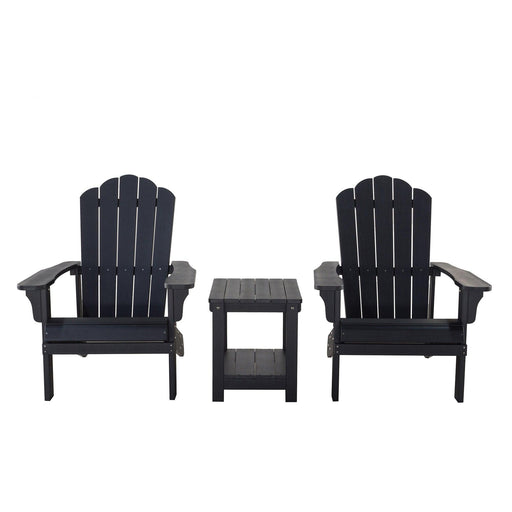 Key West 3 Piece Outdoor Patio All-Weather Plastic Wood Adirondack Bistro Set, 2 Adirondack chairs, and 1 small, side, end table set for Deck, Backyards, Garden, Lawns, Poolside, and Beaches, Black image