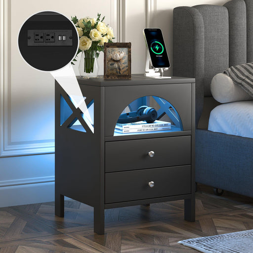 Nightstand with USB Charging Ports and LED Lights,End Table with 2 Drawers and Shelf,Black image