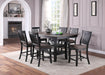 Transitional Dining Room 7pc Set Dark Coffee Rubberwood Counter Height Dining Table w 2x Shelfs and 6x High Chairs Fabric Upholstered seats Unique Back Counter Height Chairs image