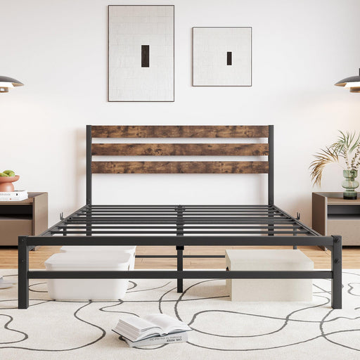 Queen Size Platform Bed Frame with Rustic Vintage Wood Headboard, Strong Metal Slats Support Mattress Foundation, No Box Spring Needed Rustic Brown image