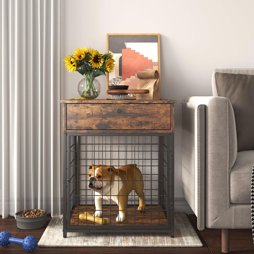 Furniture Style Wood Dog Crate End Table withStorage Console（Rustic Brown,19.69''w x 22.83''d x 26.97''h） image