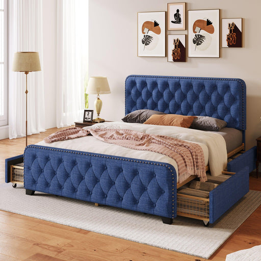 Upholstered Platform Bed Frame with Four Drawers, Button Tufted Headboard and Footboard Sturdy Metal Support, No Box Spring Required, Blue, Queen image