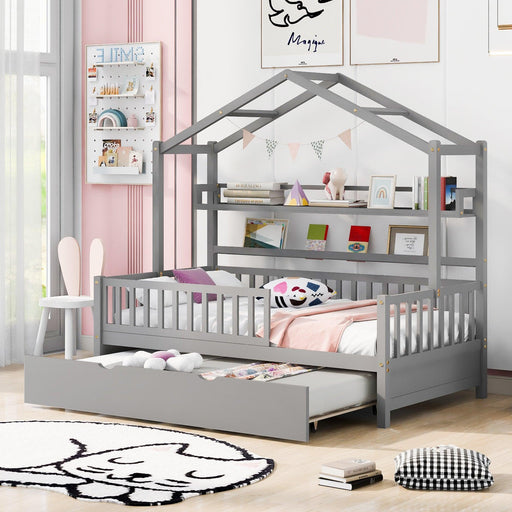 Wooden Twin Size House Bed with Trundle,Kids Bed with Shelf, Gray image