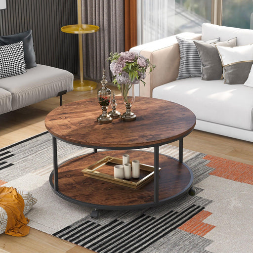 Round Coffee Table with Caster Wheels and Wood Textured Surface for Living Room, φ35.5”( Distressed Brown) image