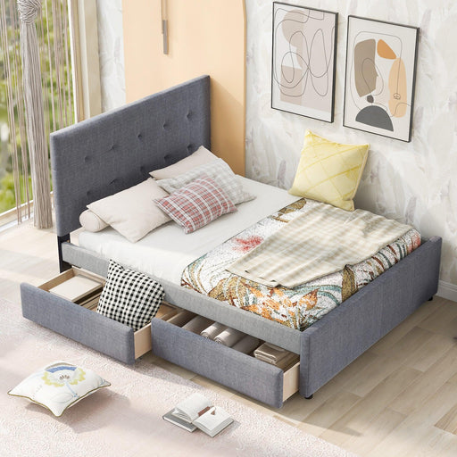 Queen Size Linen Upholstered Platform Bed With Headboard and Two Drawers,Gray image