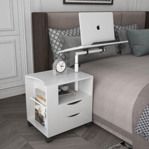Height Adjustable Overbed End Table Wooden Nightstand with Swivel Top,Storage Drawers, Wheels and Open Shelf,(White) image
