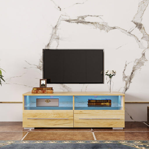 The Wood grain color TV cabinet has two drawers with color-changing light strips image