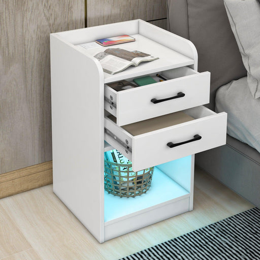Nightstand with 2 Drawers and Cabinet,USB Charging Ports,Wireless Charging and Remote Control LED Light-White image