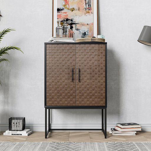 2 door cabinet,Runway-shaped leatherette finish,Embossed texture image