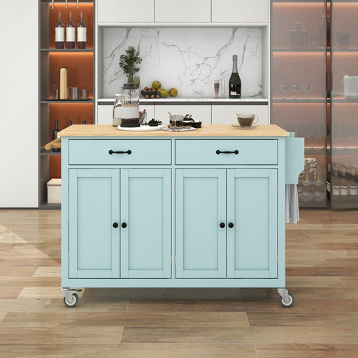Kitchen Island Cart with 4 Door Cabinet and Two Drawers and 2 Locking Wheels - Solid Wood Top, Adjustable Shelves, Spice & Towel Rack（Mint Green） image