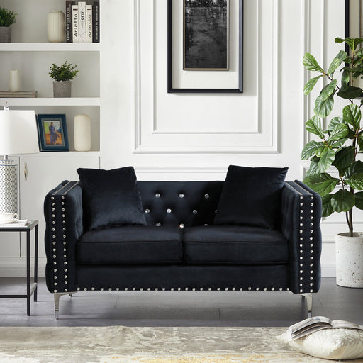 59.4 Inch Wide Black Velvet Sofa with Jeweled buttons,Square Arm ,2 Pillows image
