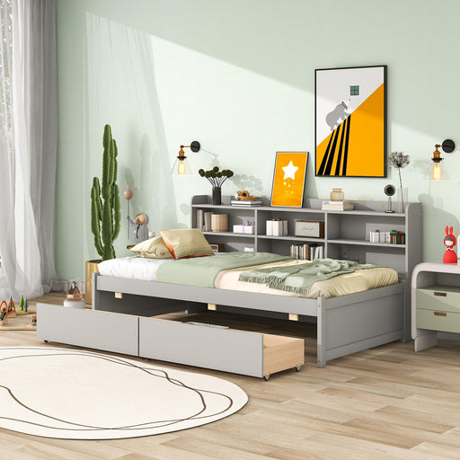 Twin Bed with Side Bookcase, Drawers ,Gray image