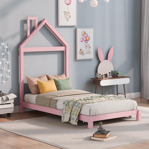 Twin Size Wood Platform Bed with House-shaped Headboard  (Pink) image