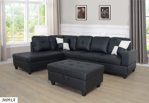 3 Piece Modular Sofa Set, (Black) Faux Leather Right Side Lounger with FreeStorage Footrest image