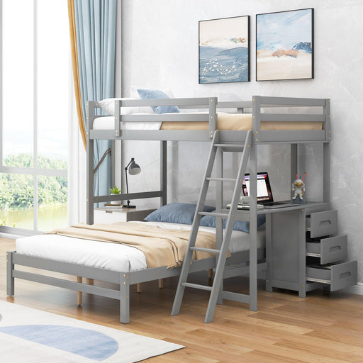 Twin over Full Bunk Bed with Built-in Desk and Three Drawers,Grey image
