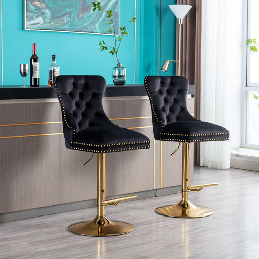 Swivel Bar Stools Chair Set of 2Modern Adjustable Counter Height Bar Stools, Velvet Upholstered Stool with Tufted High Back & Ring Pull for Kitchen , Chrome Golden Base, Black image