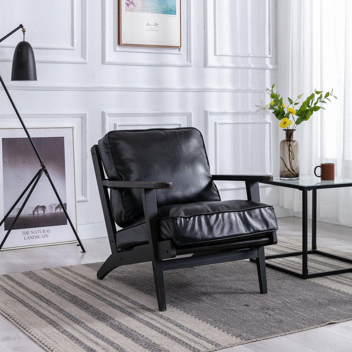 solid wood  black antique painting removable cushion arm chair, mid-century PU leather accent chair image
